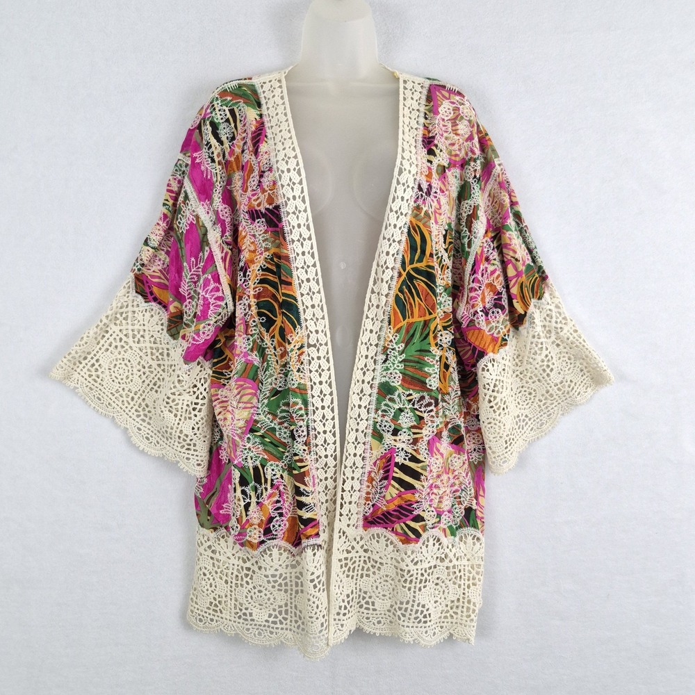 Democracy Womens XL Floral Kimono Cardigan Crochet Lace Boho Whimsy Colorful